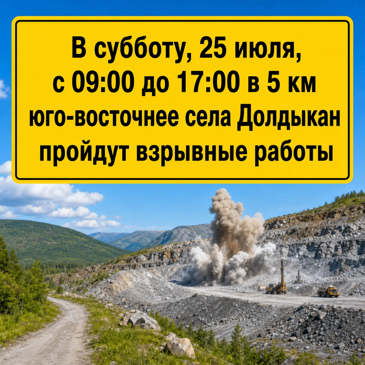 ⚠️ Внимание!

В субботу, 25 июля, с 09:00 до 17:00 в 5 км юго‑восточнее села Долдыкан пройдут взрывн