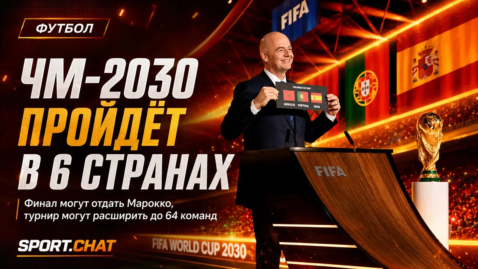 Чемпионат мира 2030 года пройдёт в шести странах, а число участников могут увеличить до...