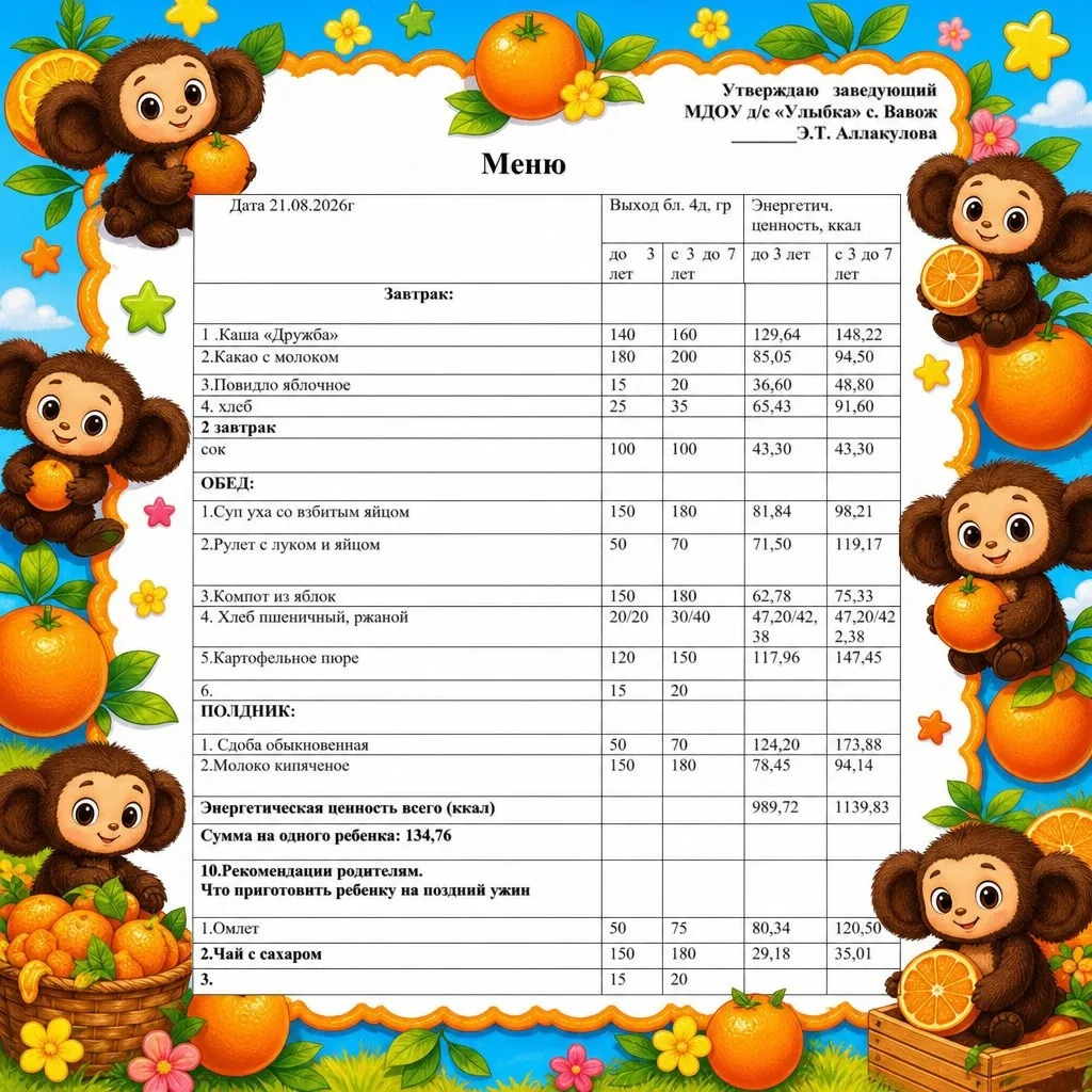 🥕🥦Меню на 21  августа🍎🍑