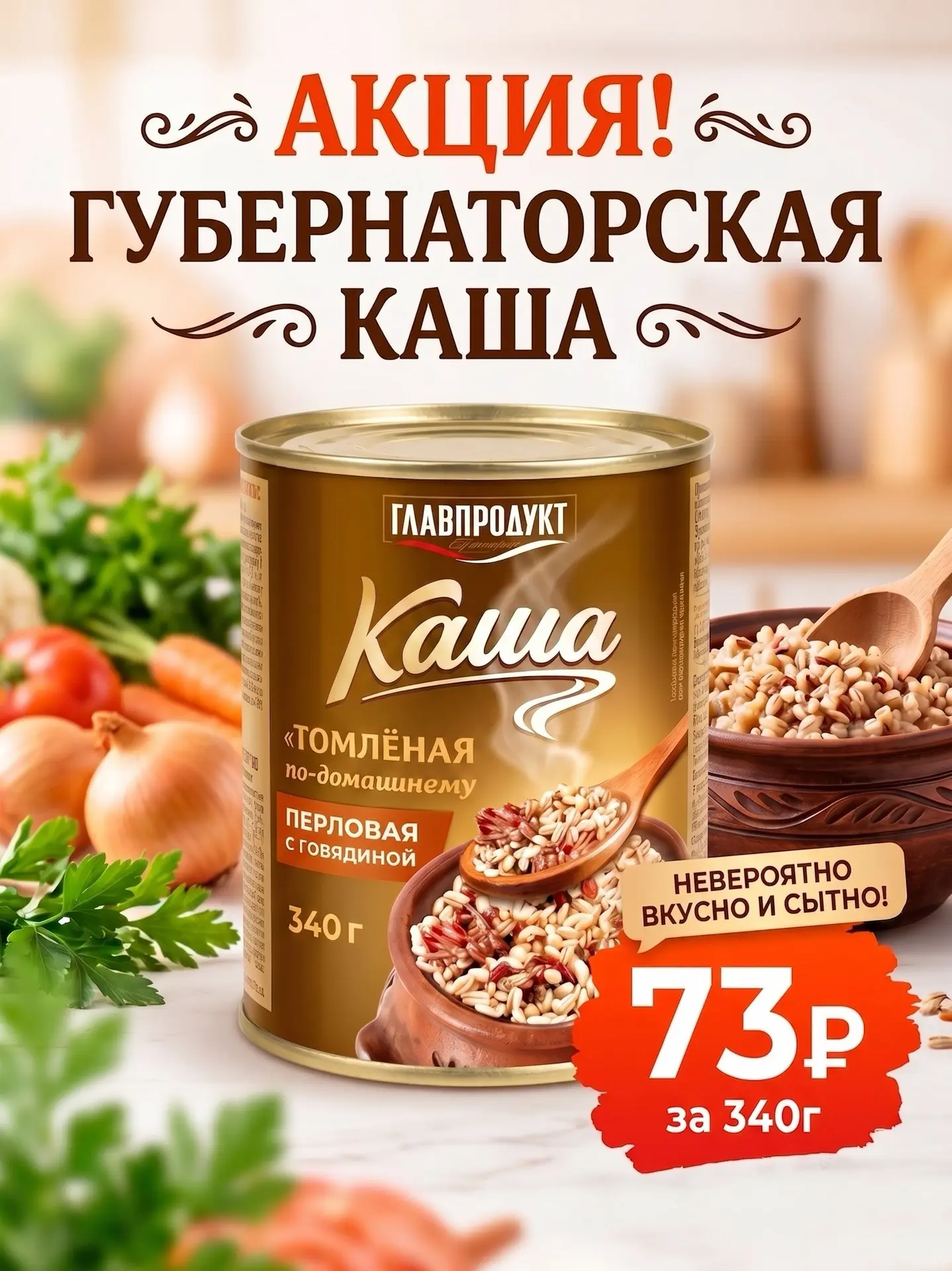 🔥 Перловая каша «Губернаторская» с говядиной «Главпродукт» (340 г) — всего за 73 рубля!