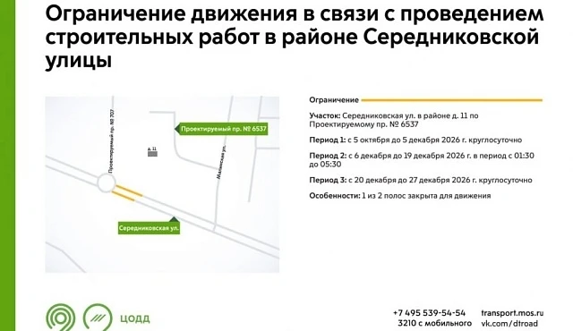 О временном ограничении движения на Середниковской улице в Зеленограде