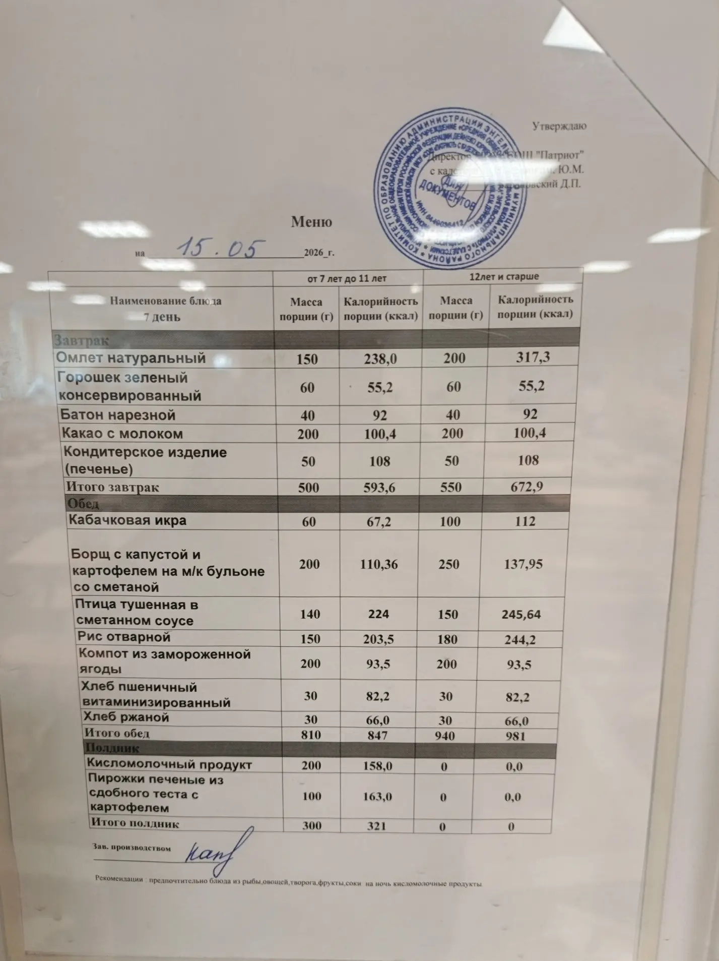 Учреждение: МОУ СОШ Патриот с кадетскими классами. Дата: 15.05.2026 Вид питания: завтрак Меню: - омл
