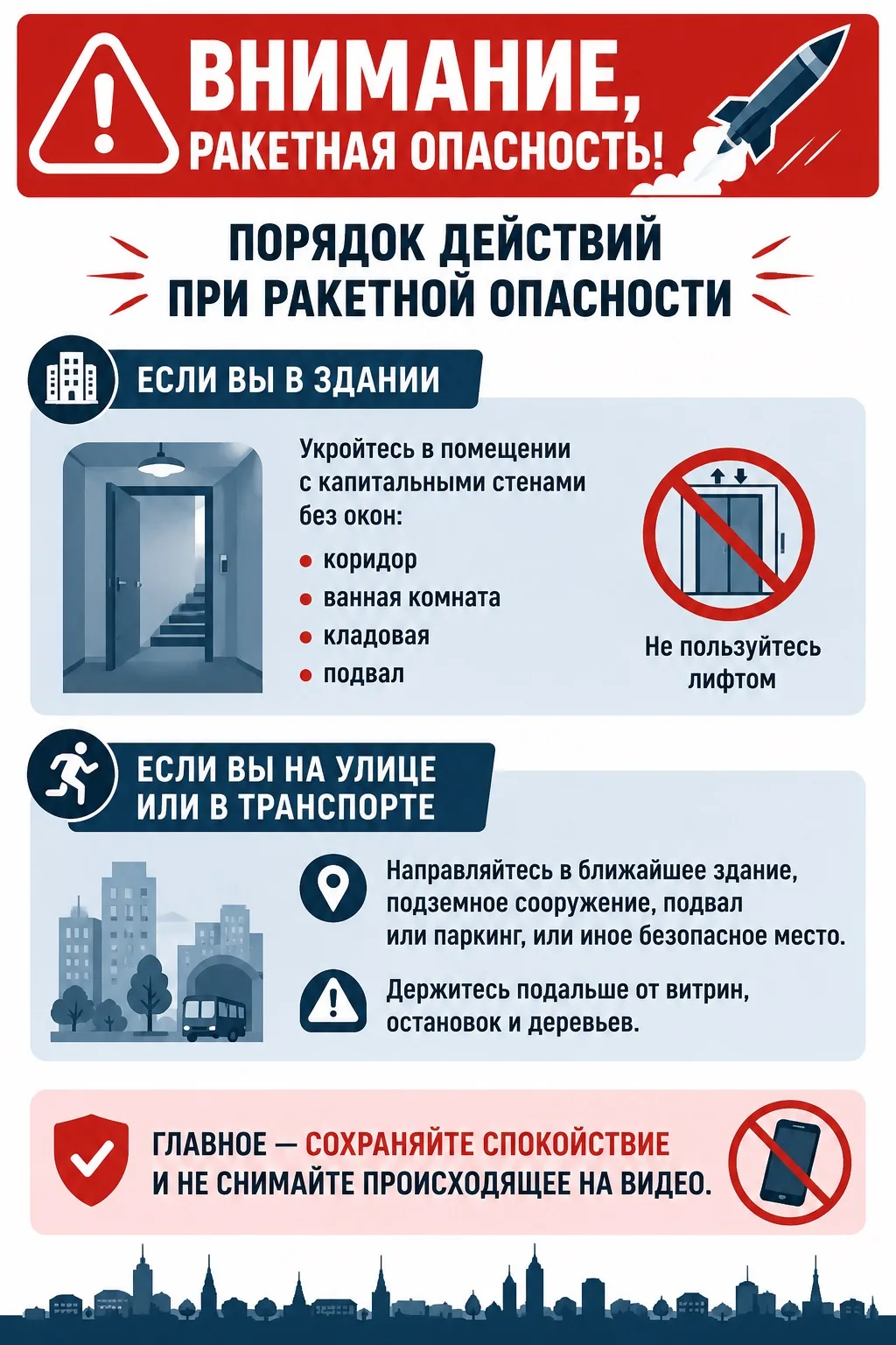 ❗️Напоминаем Вам о необходимых мерах безопасности при объявлении сигнала "ракетная опасность" в карт