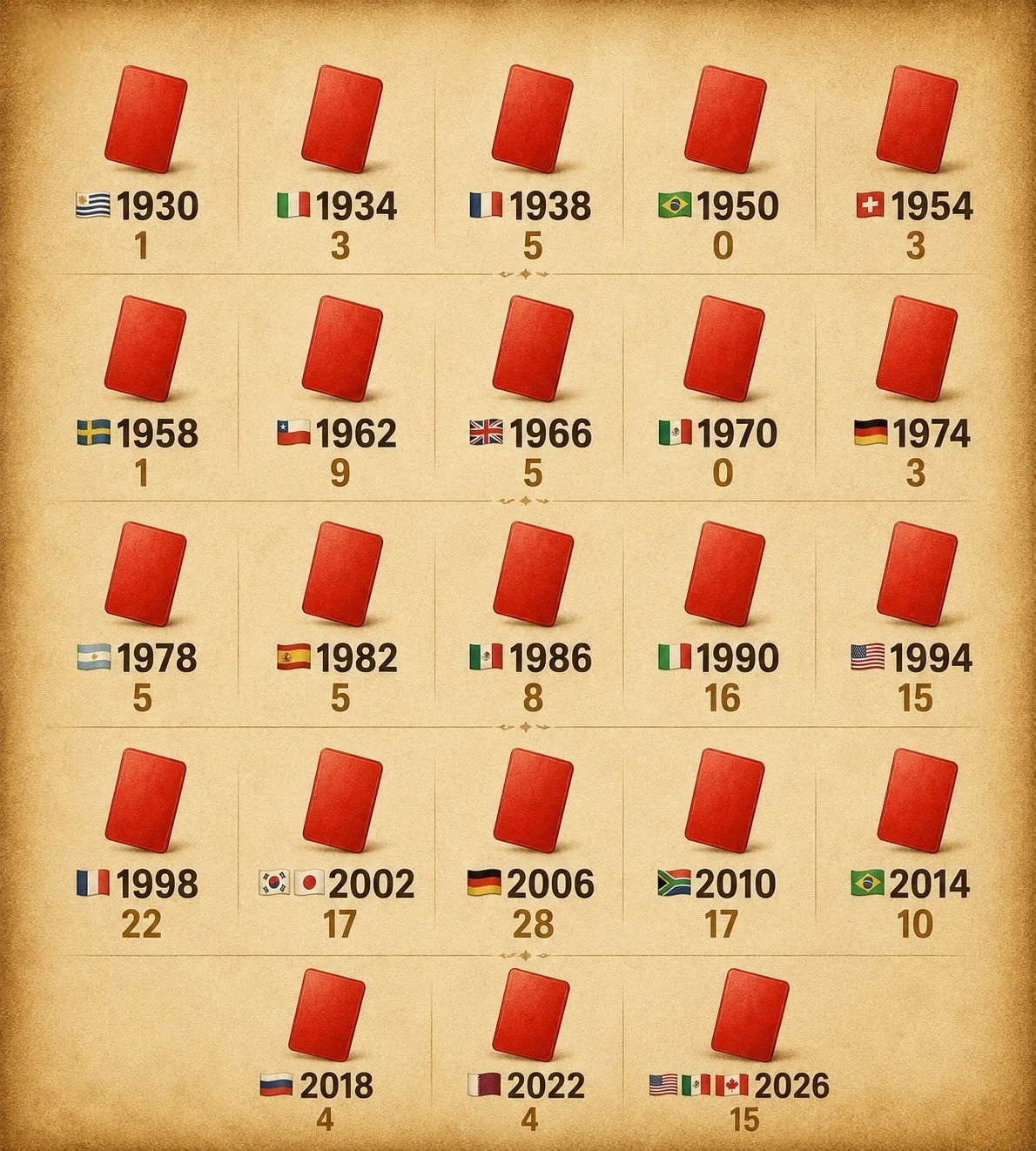 🟥 Все красные карточки, показанные на чемпионатах мира с 1930 по 2026 год!