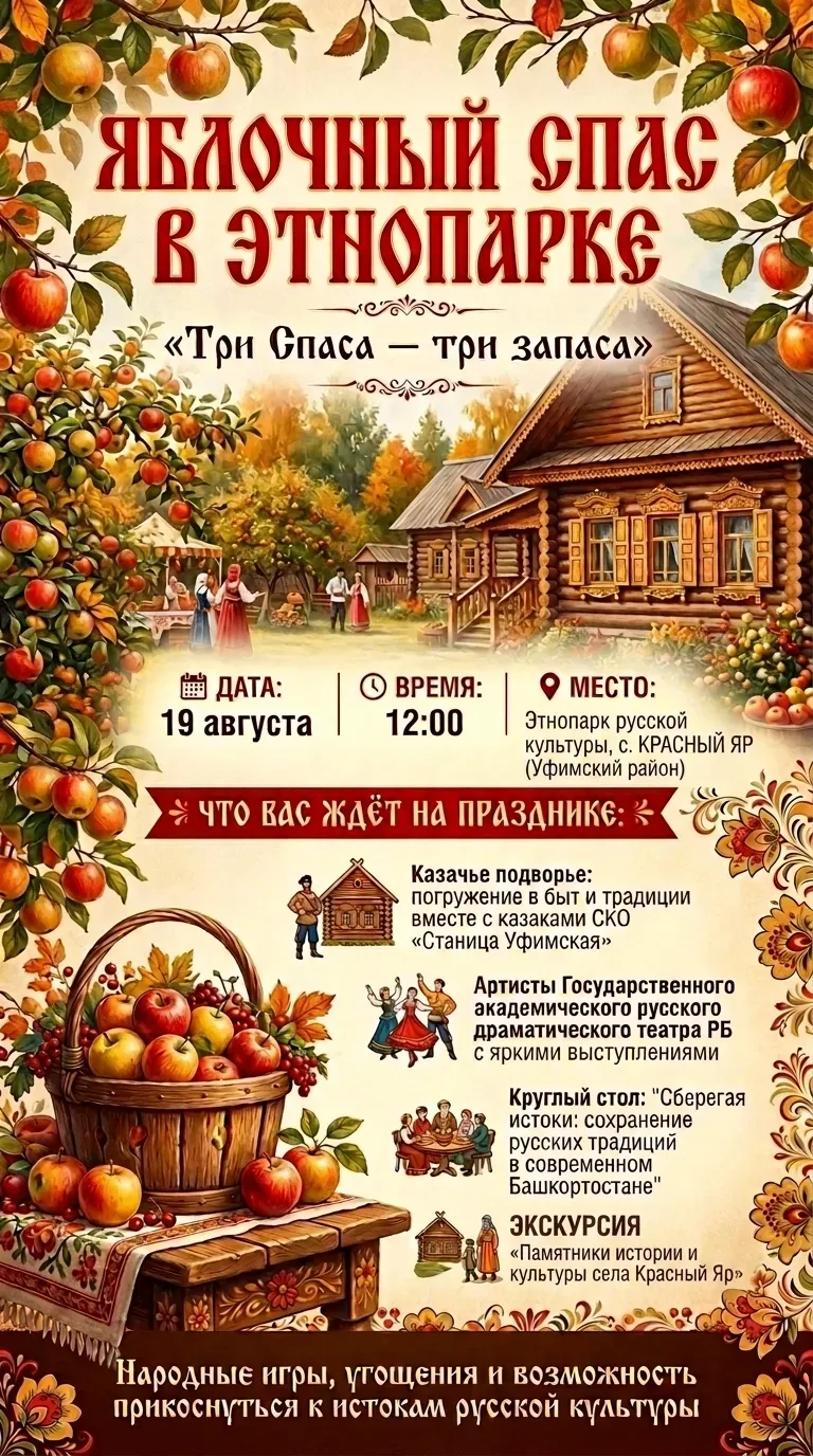 🍎 Приглашаем на праздник «Яблочный Спас в этнопарке»!
