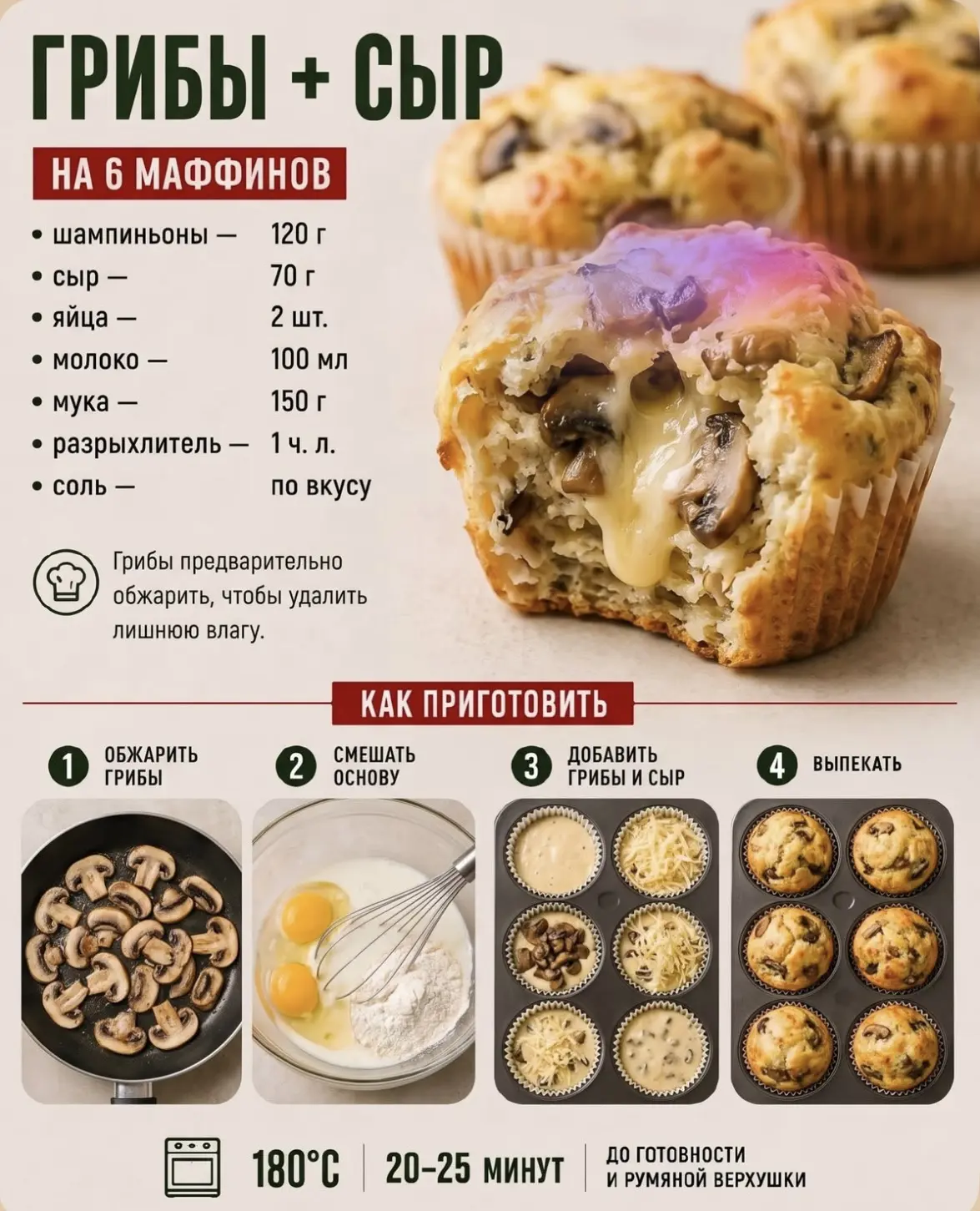 Ароматные маффины с грибами и сыром — идеальный перекус или закуска к супу! Нежное тест...