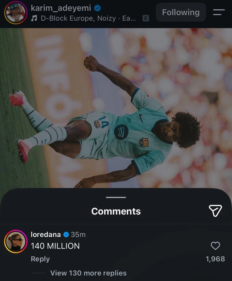 📲 Жена Адейеми прокомментировала пост Карима в IG: