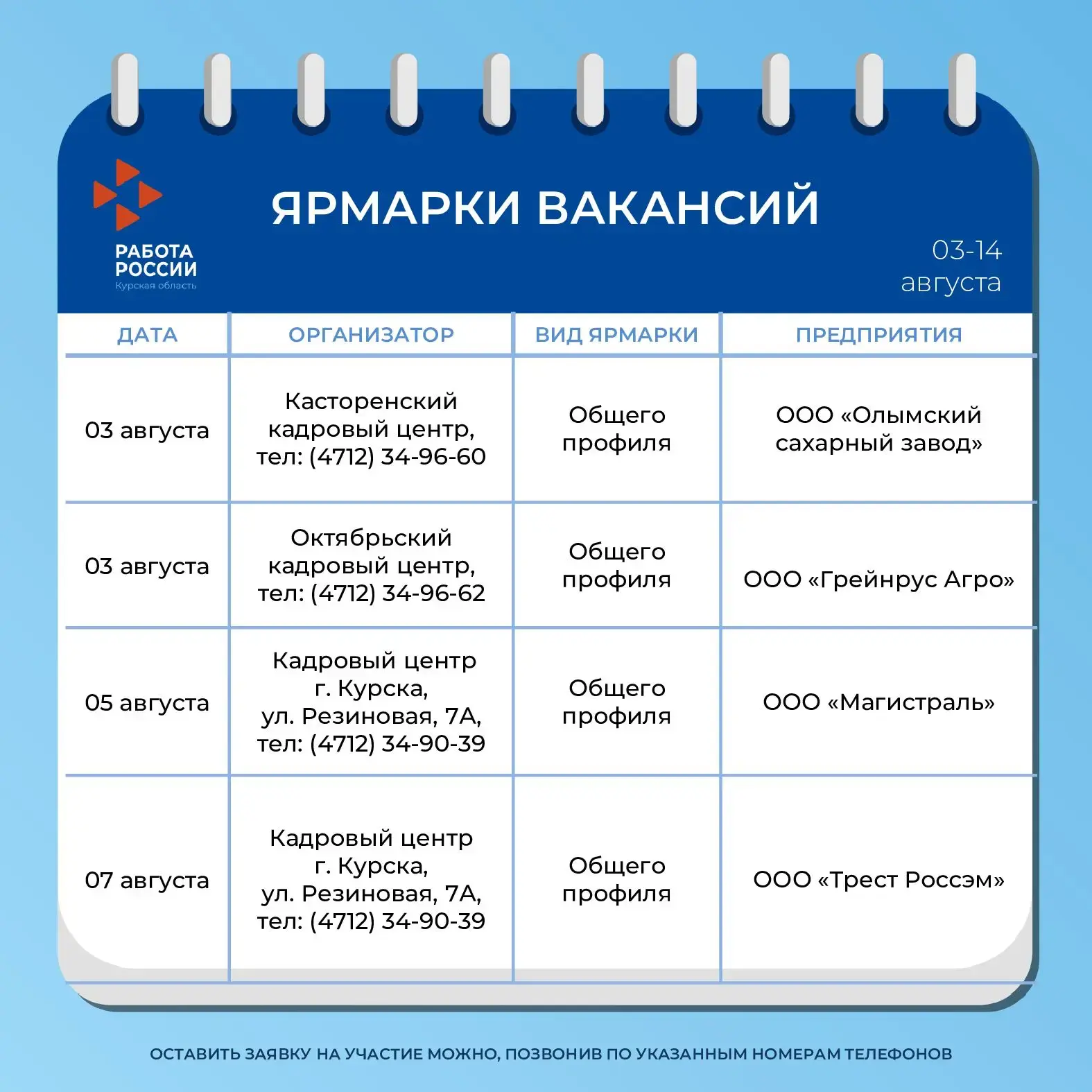 📌 Ярмарки вакансий в августе 2026 г.