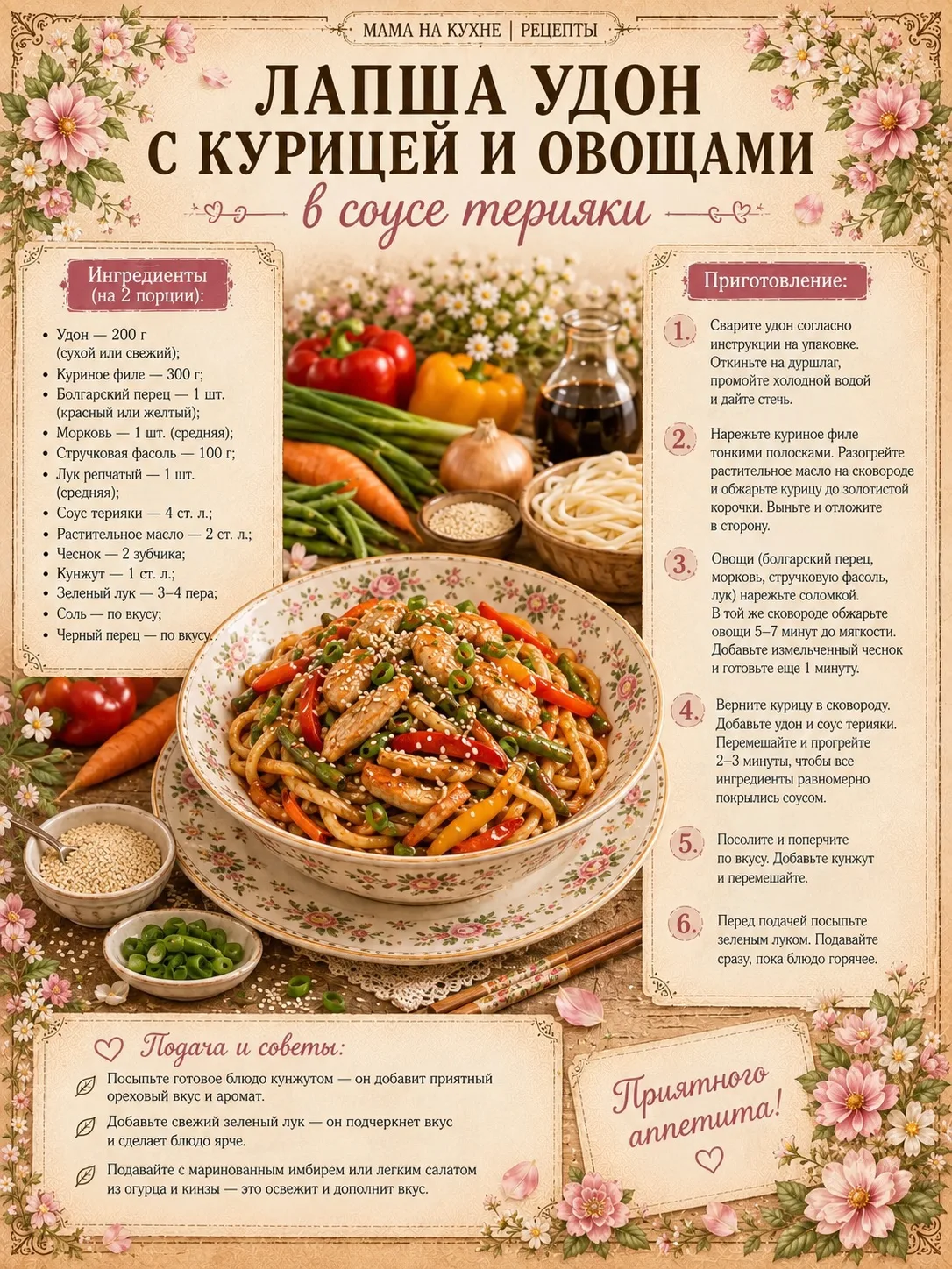 🌸 Лапша удон с курицей и овощами в соусе терияки 🌸