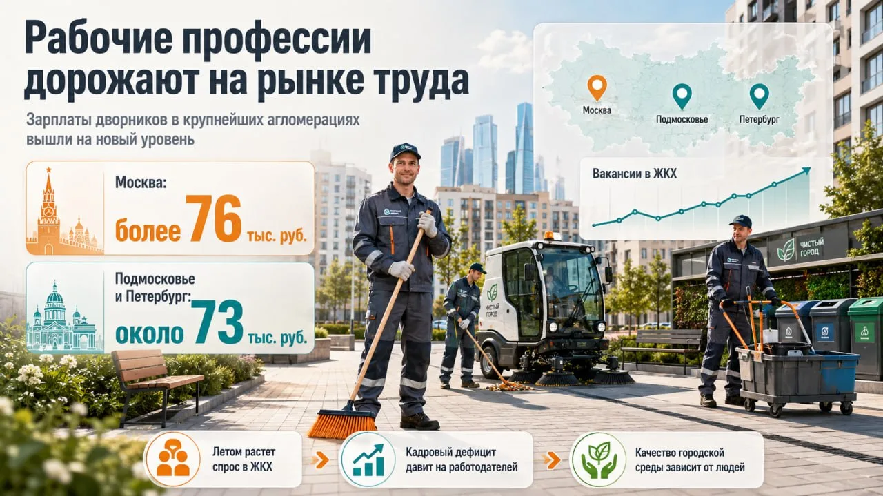 Средние предлагаемые зарплаты дворников в Москве превысили 76 тыс. руб., а в Подмосковье и Санкт-Пет