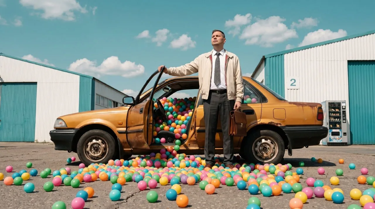 Промпт - человек у машины, полной шаров🎈