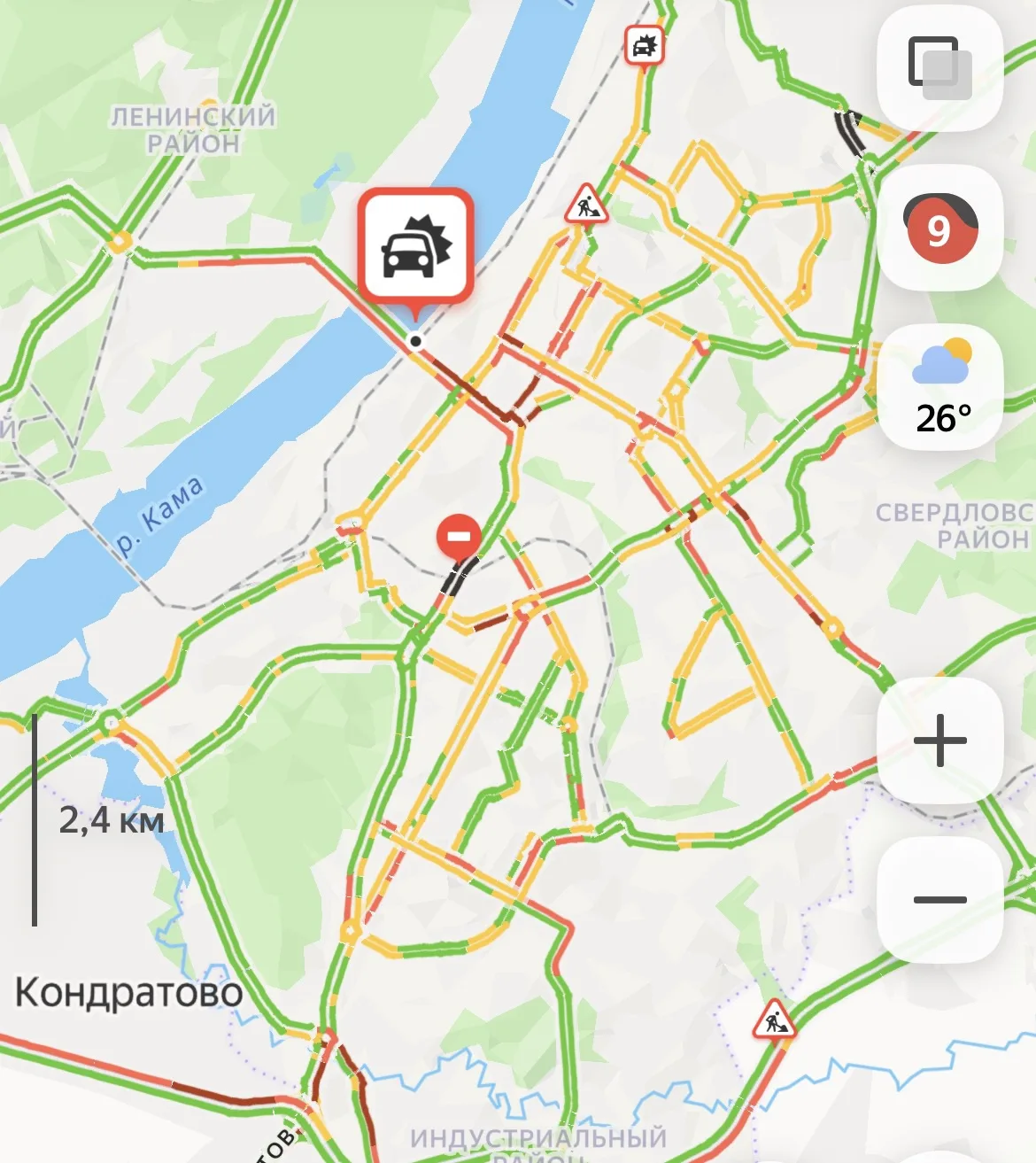 9 баллов на дорогах города.

Со слов водителей, Коммунальный и Красавинский мост практически не движ