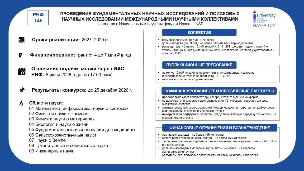 🔔 РНФ запускает совместный конкурс с Национальным научным фондом Ирана – INSF!
 
🎯 Что важно для п