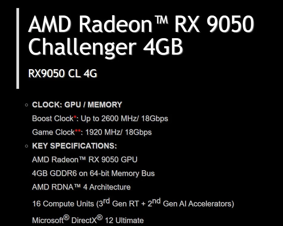 ASRock засветила Radeon RX 9050 на 8 Гб и 4 ГБ памяти

Компания раньше времени опубликовала, а затем