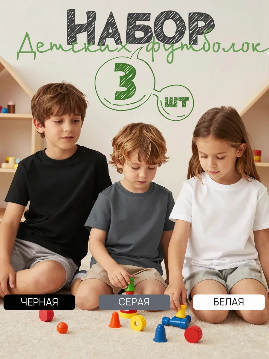 ⚡️ Однотонная футболка детская набор 3 штуки, Cotton Care