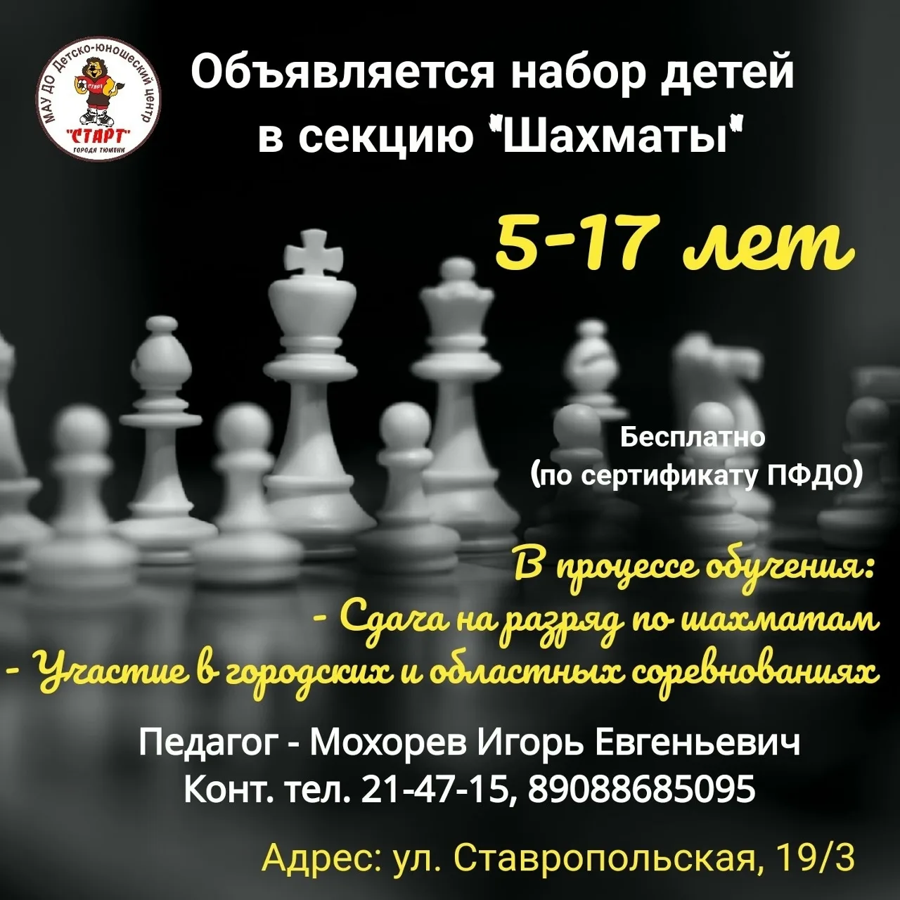 ОБЪЯВЛЯЕТСЯ НАБОР В СЕКЦИЮ "ШАХМАТЫ" НА 2026-2027 УЧЕБНЫЙ ГОД