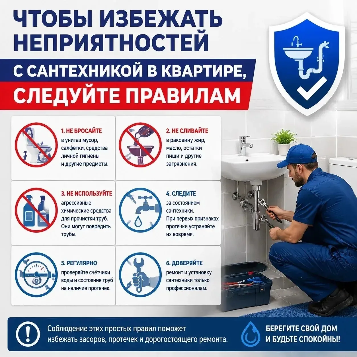 🔧 Чтобы избежать неприятностей с сантехникой, следуйте этим простым рекомендациям: