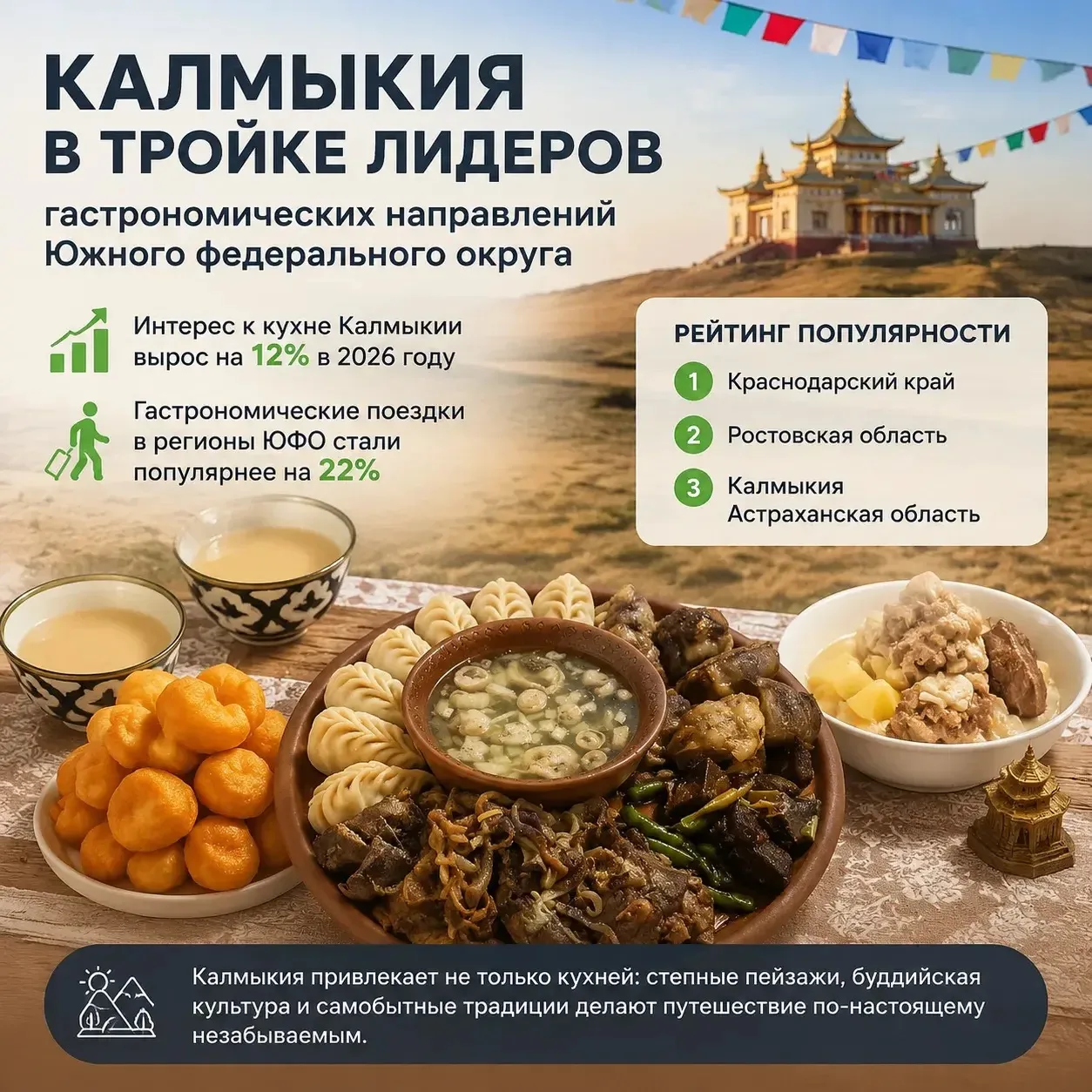Калмыкия вошла в тройку самых популярных гастрономических направлений Южного федерально...