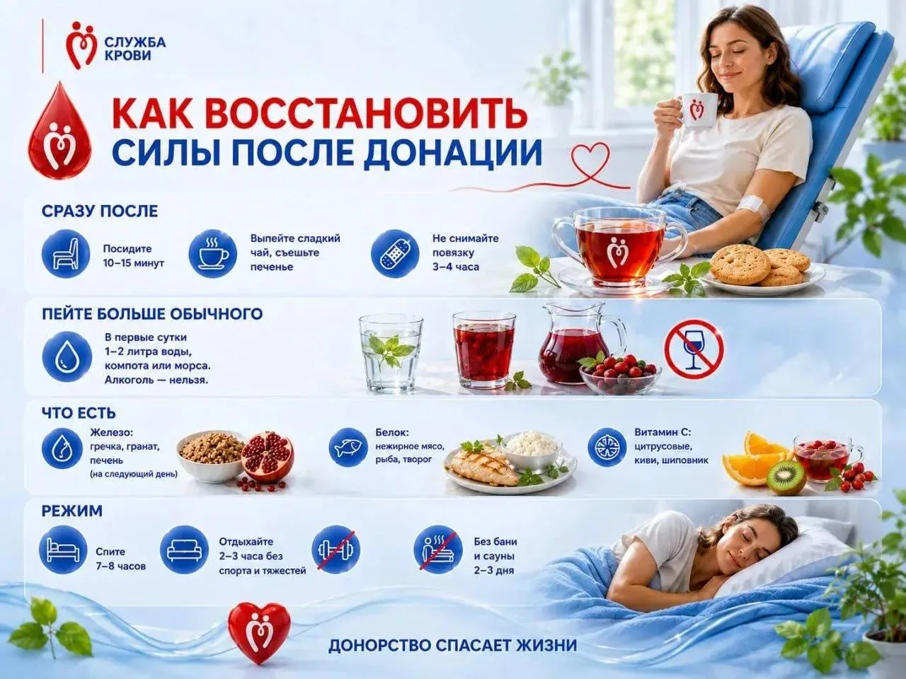🩸 Как восстановить силы после донации

Сдали кровь — отлично 💙 Теперь помогите организму вернуть с