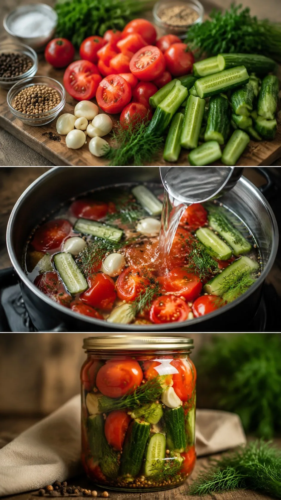 ▎Рецепт маринованных помидоров с огурцами в одной банке 🍅🥒

▎Ингредиенты:

• Помидоры — 500 г 🍅
•