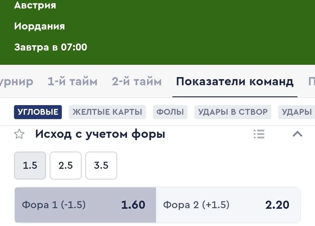 Футбол. Чемпионат Мира.
➡️Австрия  - Иордания - Угловые Ф1(-1.5) Коэффициент: 1.60

Иордания играет 