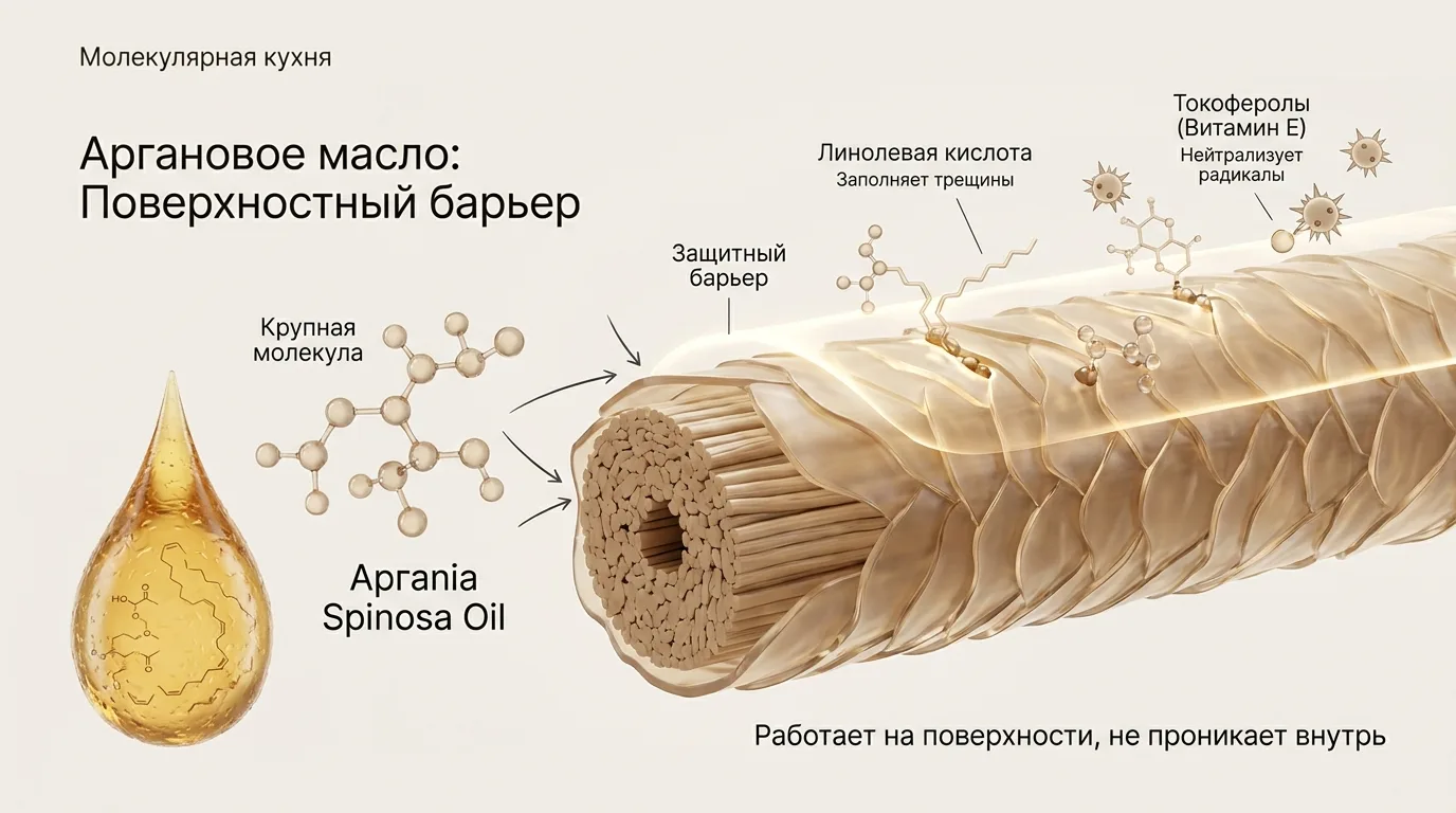 Аргановое масло — 80% олеиновой и линолевой кислот. Создает барьер, но не восстанавлива...