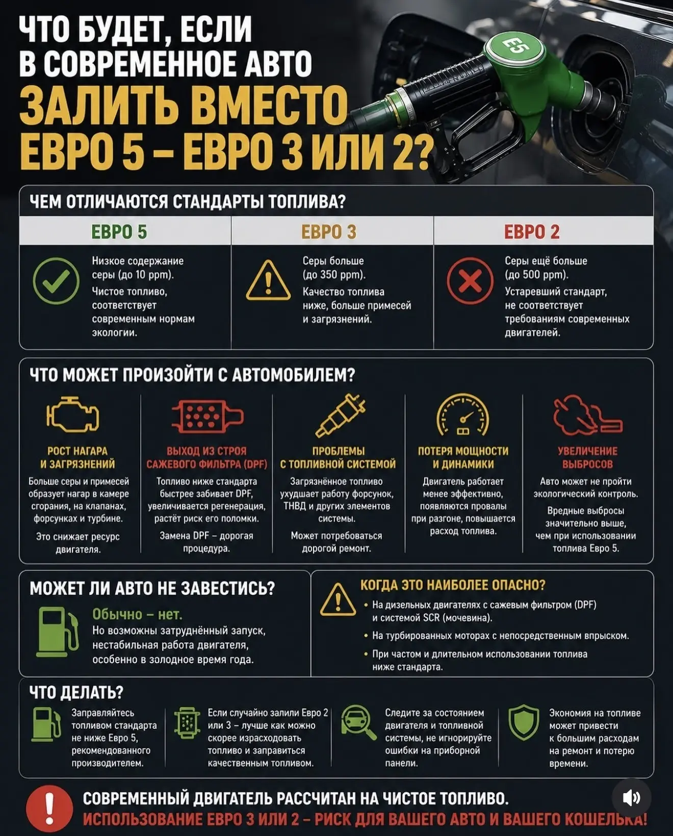 Рассказываем что будет, если в современное авто залить вместо ЕВРО 5-ЕВРО 3 или даже ЕВ...