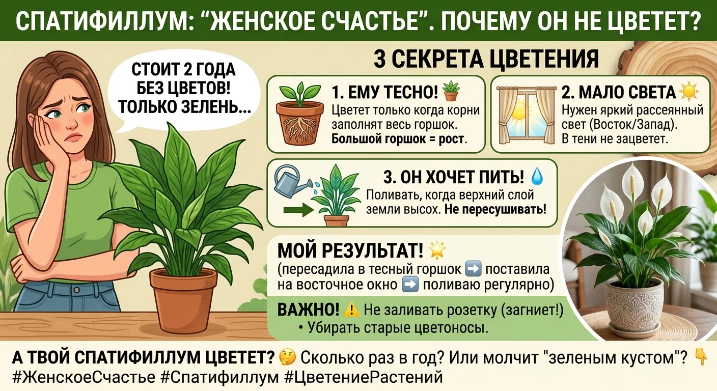 🌸Спатифиллум — «Женское счастье». Почему он не цветет?
