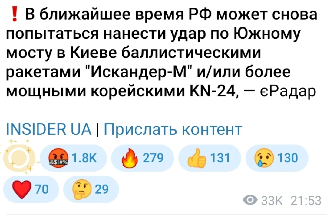 🚀 🇺🇦🇷🇺 Россия может нанести удар ракетами "Искандер-М" по мостам через Днепр в Кие...