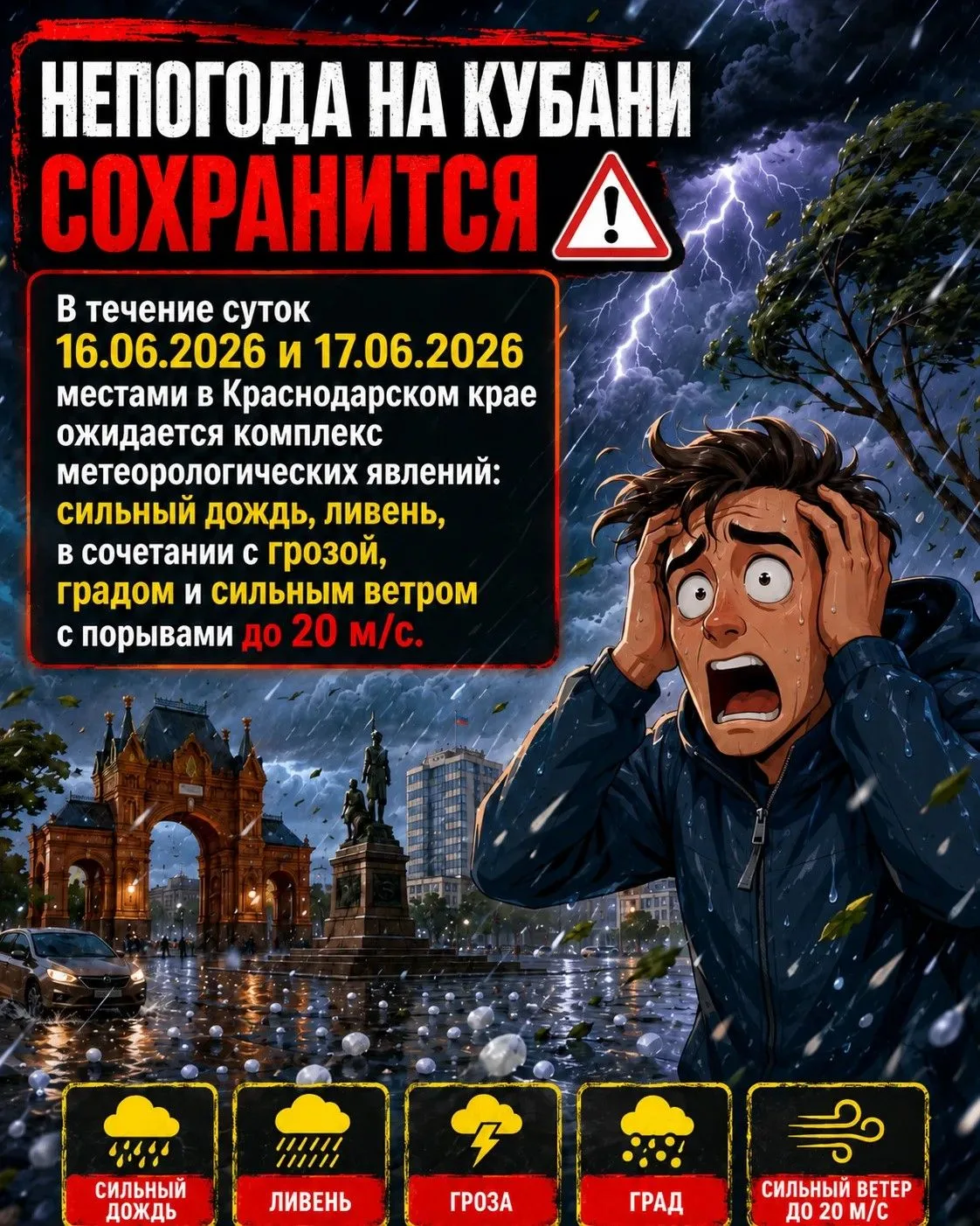 В течение суток 16-17 июня местами в Краснодарском крае ожидается сильный дождь, ливень, в сочетании