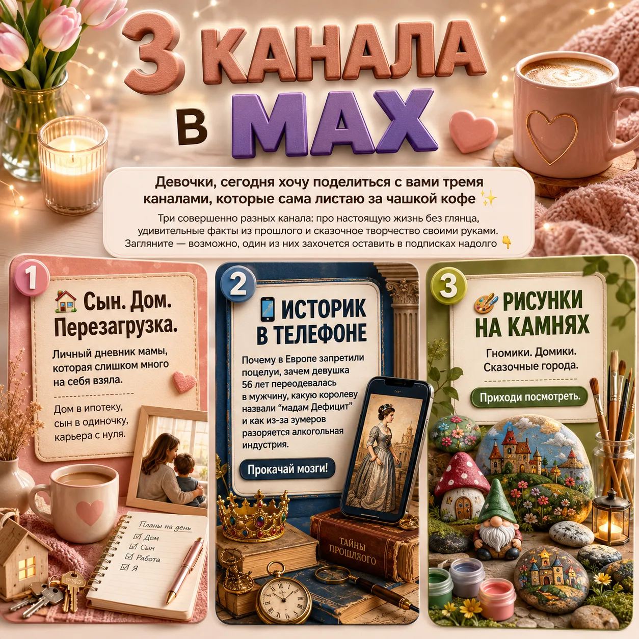 Девочки, сегодня хочу поделиться с вами тремя каналами, которые сама листаю за чашкой к...