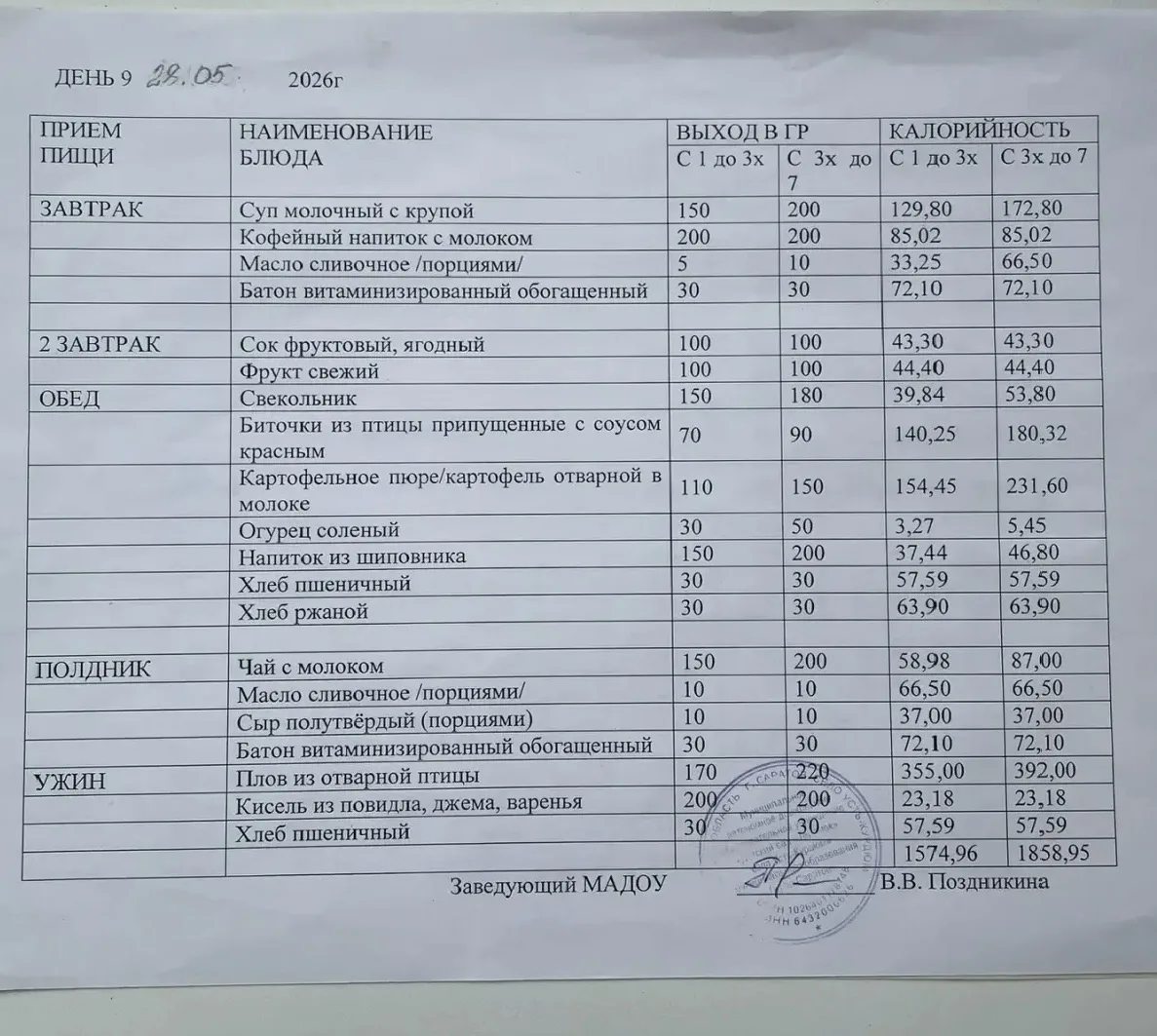 МЕНЮ на 28.05.2026г.