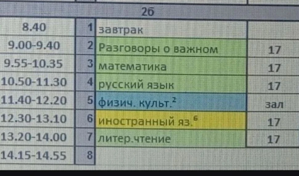Изменения в расписании у 2б класса