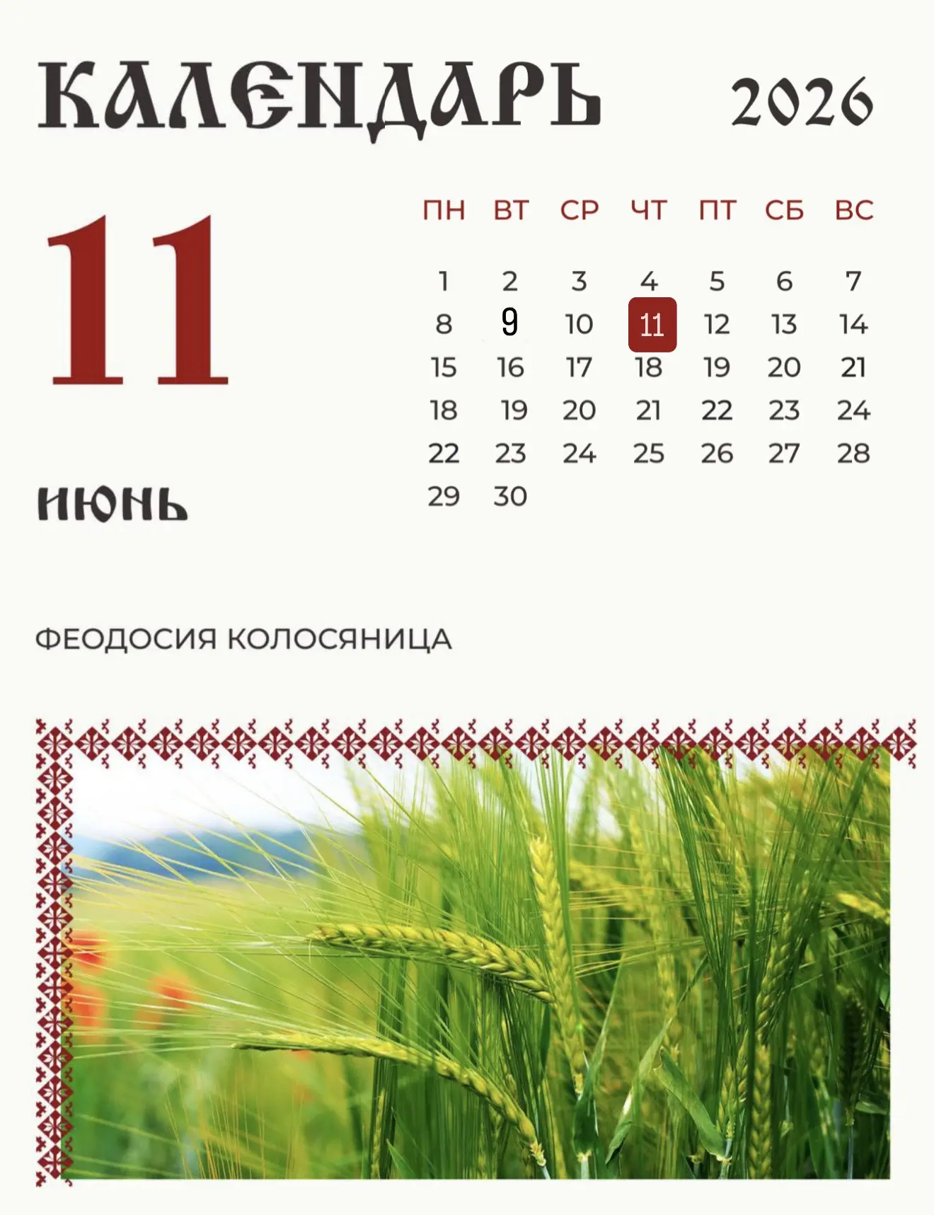 По народному календарю 11 июня (29 мая по старому стилю) по народному календарю Федосья Колосяница.
