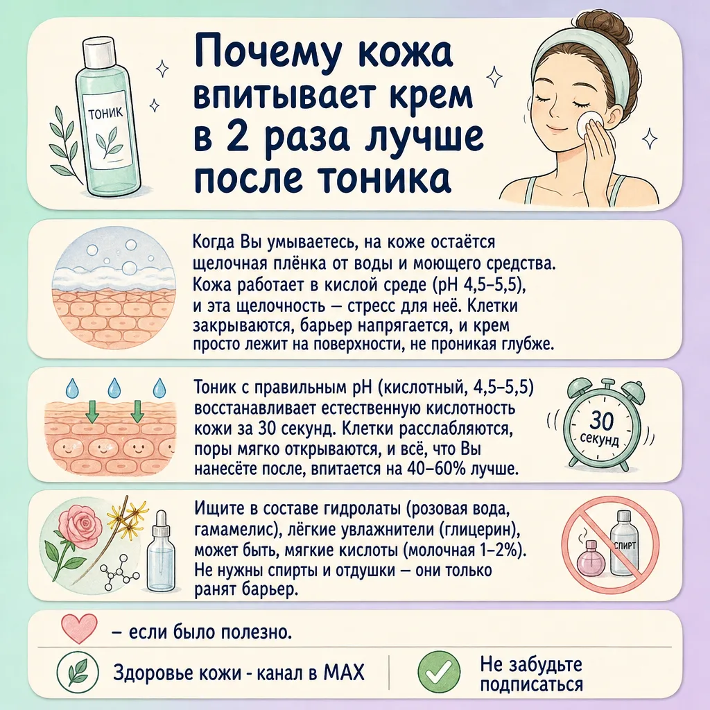 🧴 Почему кожа впитывает крем в 2 раза лучше после тоника