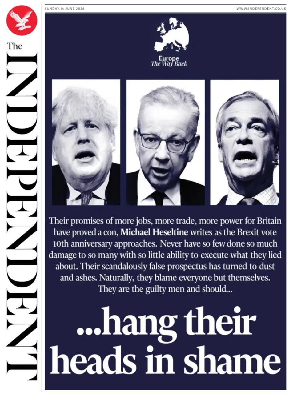 Газета The Independent призывает повесить головы этой троицы (Бориска Джонсон, Найджел Фарадж и Майк