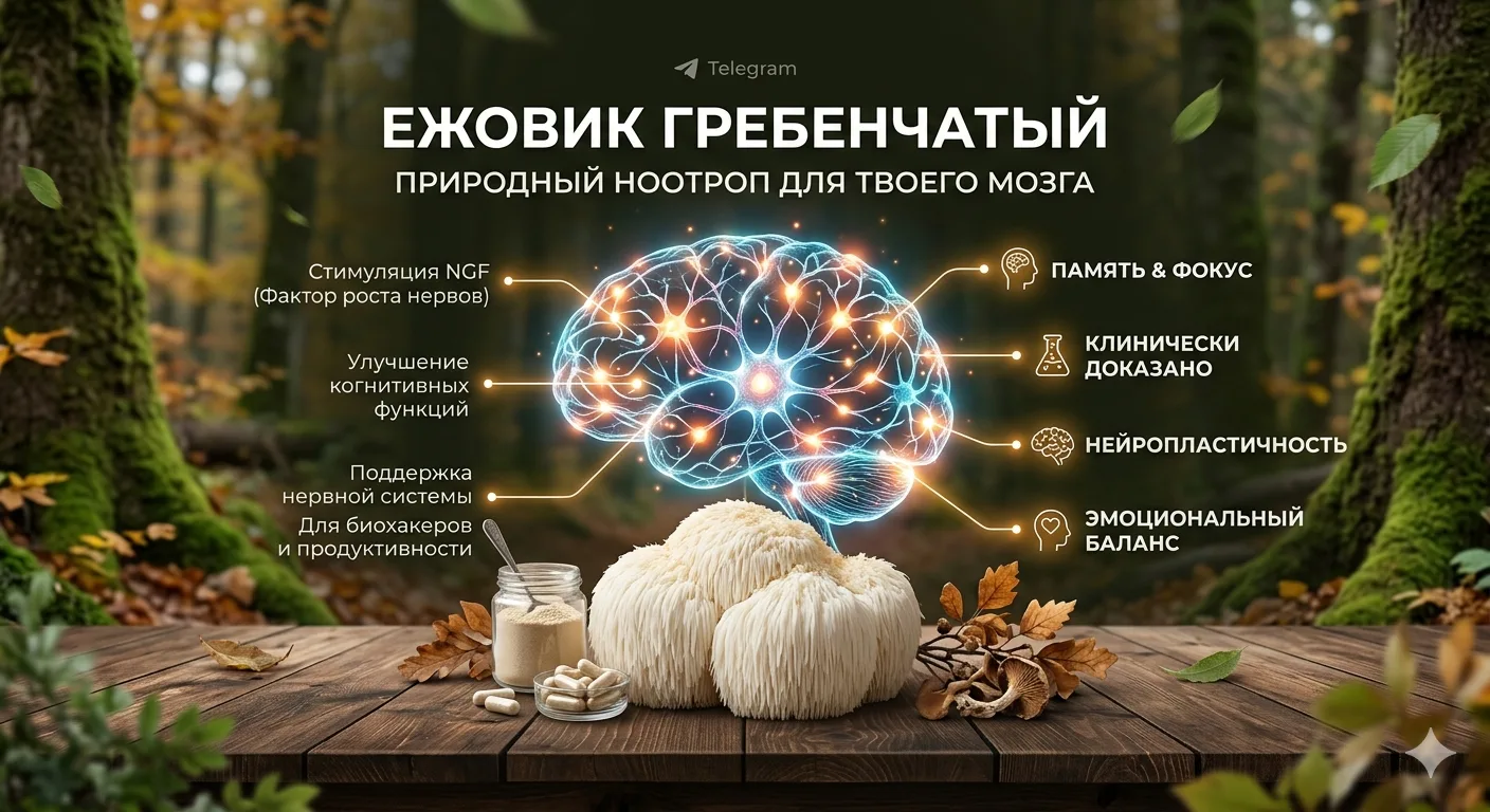 🍄 Ежовик гребенчатый: природный ноотроп для вашего мозга
Если вы интересуетесь биохакингом, продукт