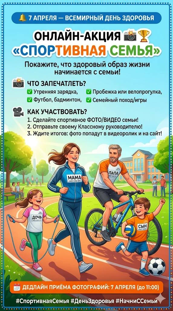 🔔 7 апреля — Всемирный день здоровья: Стартует акция «Спортивная семья»  Уважаемые коллеги, родители