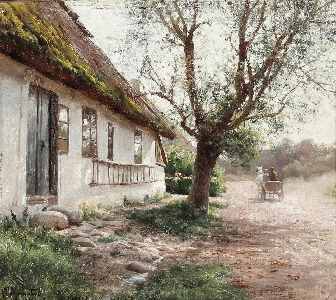 "Вид с деревенской улицы в Йорлунде, с соломенным домом", 1916