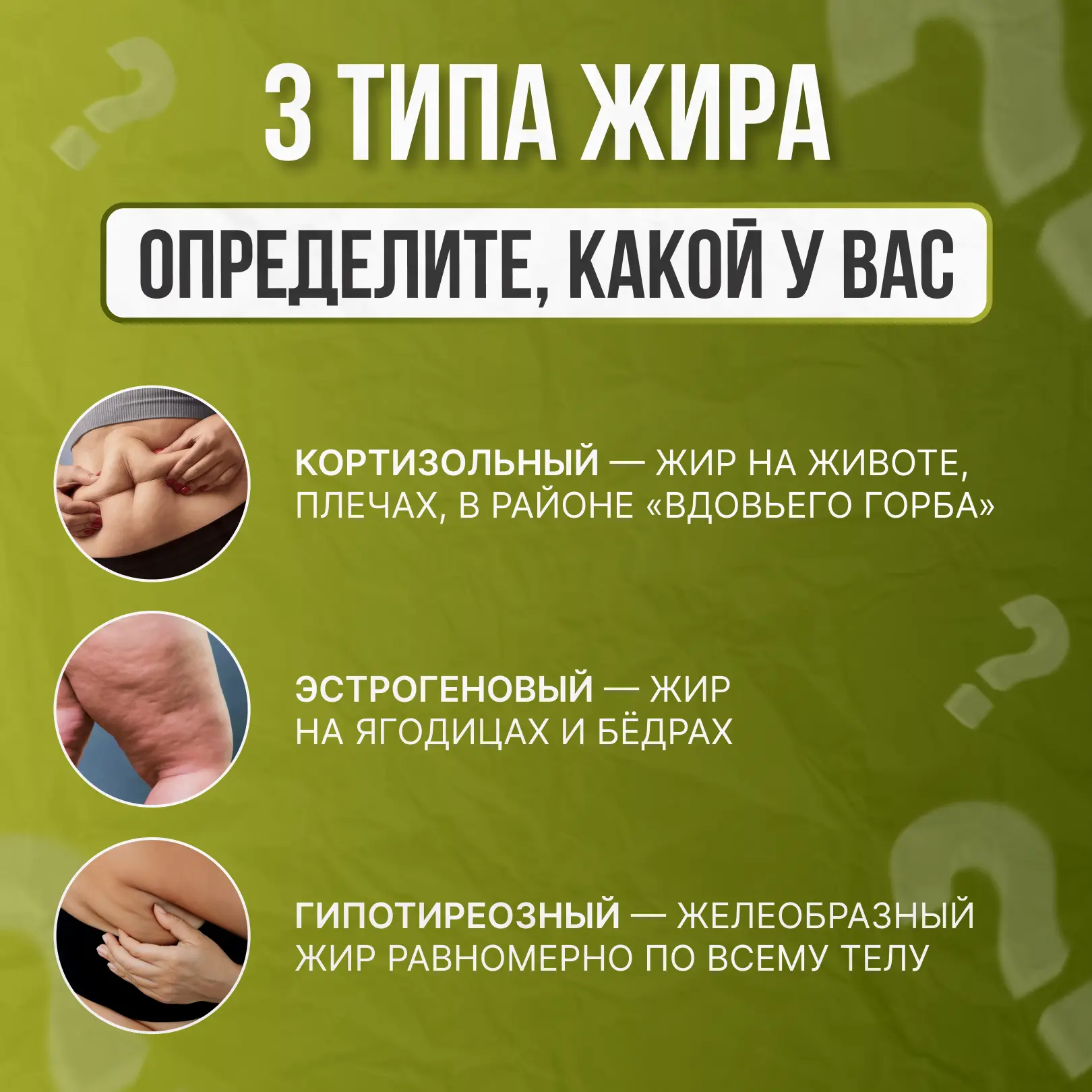 ОПРЕДЕЛИМ ВАШ ТИП ЖИРА? 🔎👇  Жир жиру рознь. По тому, КУДА он у вас отложился, можно увидеть, какой г