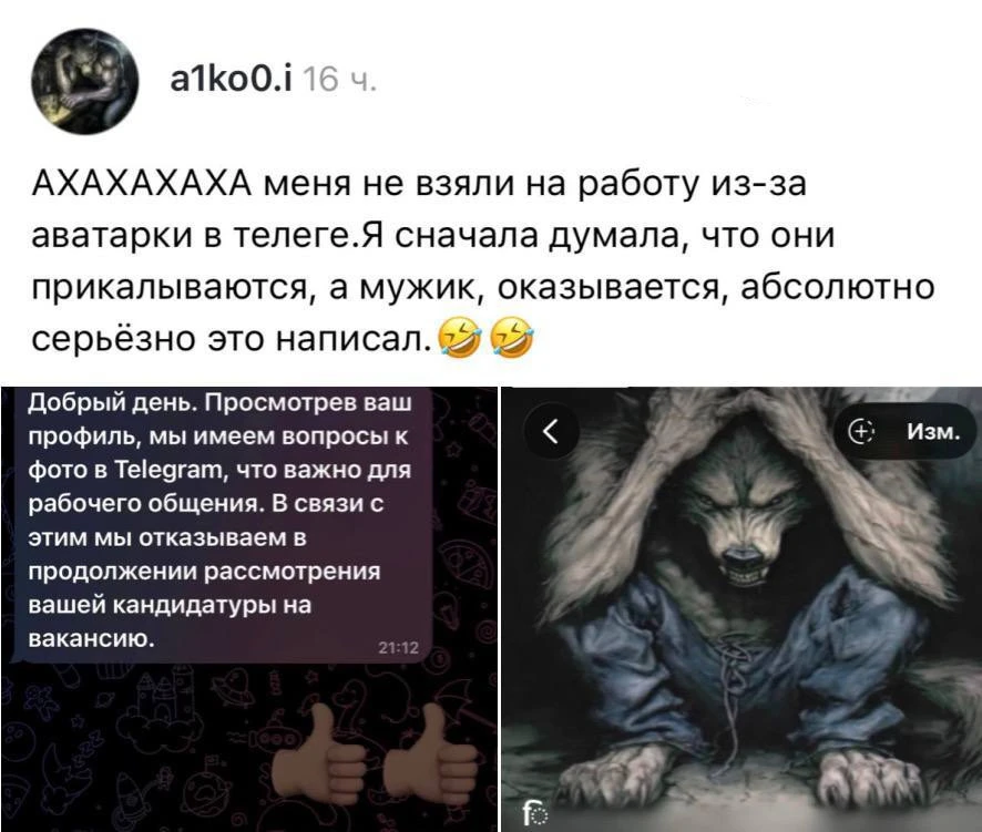 Россиянке отказали в работе из-за аватарки с волком в Telegram.