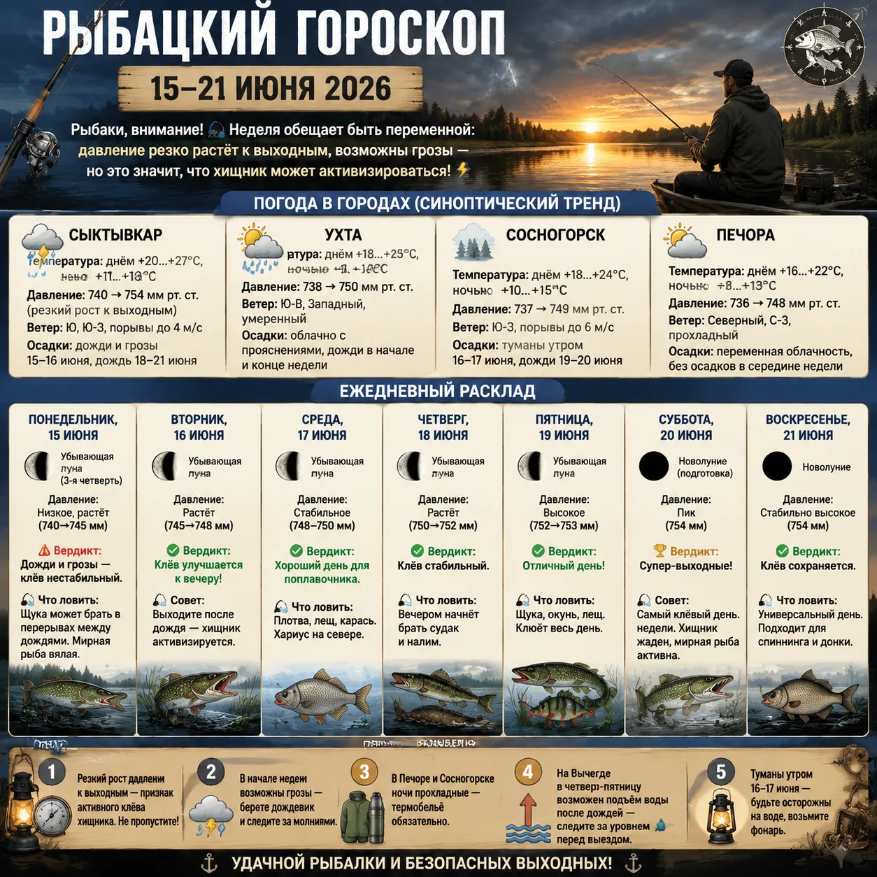 🌙 РЫБАЦКИЙ ГОРОСКОП: 15–21 ИЮНЯ 2026