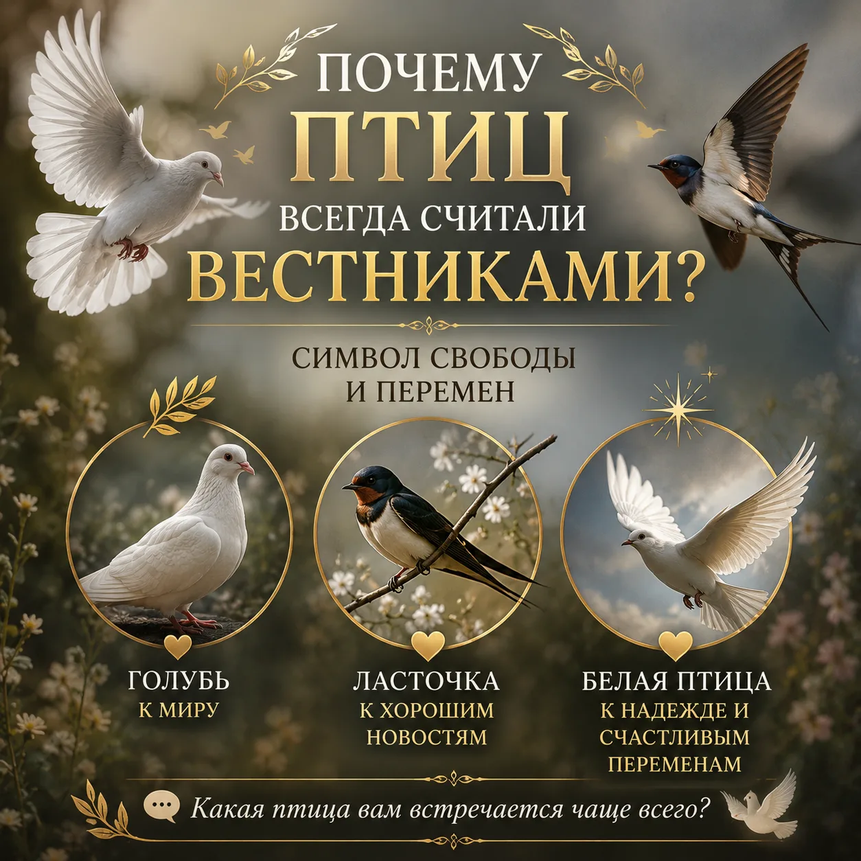 🕊️ Почему птиц всегда считали вестниками?

Во многих культурах птицы воспринимались как символ своб
