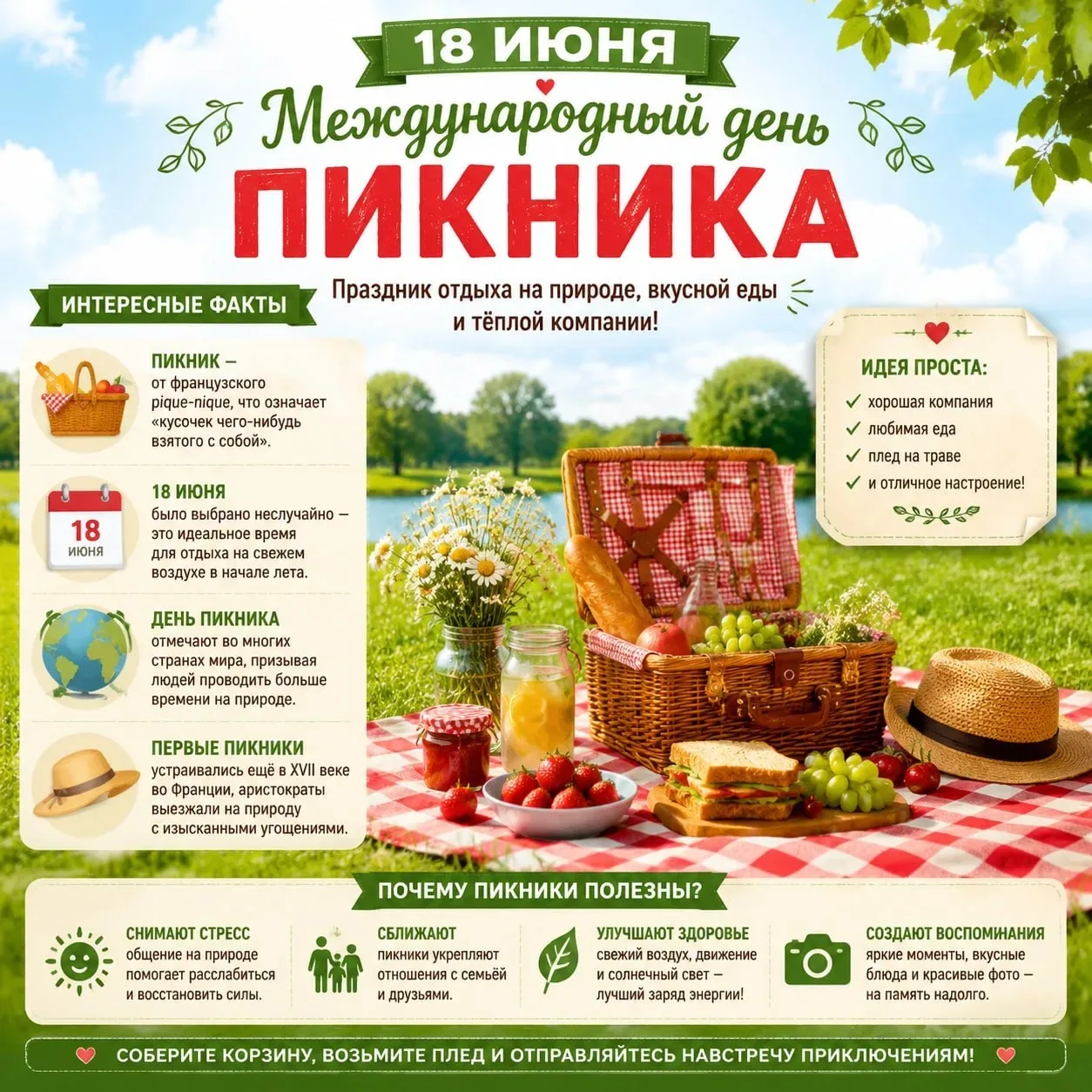18 июня — Международный день пикника! 🧺🌸

Это отличный повод отложить гаджеты, собрать корзинку и 