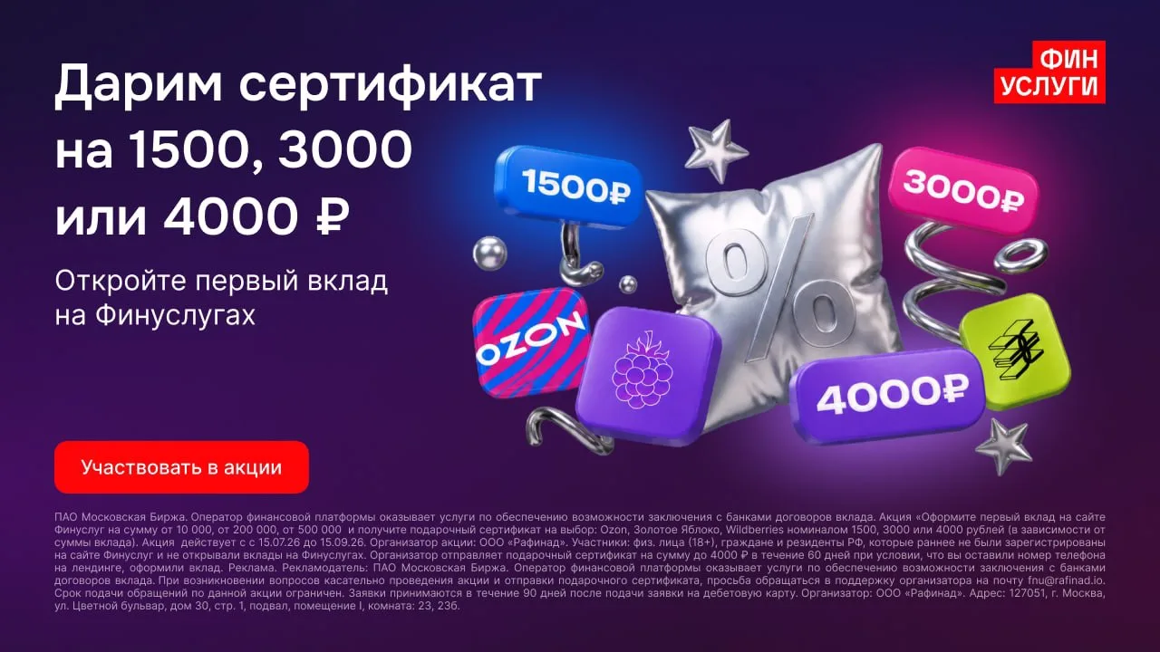 💥 Вклады на Финуслугах — ставка до 25% годовых и сертификат до 4000₽ в Ozon, Wildberri...