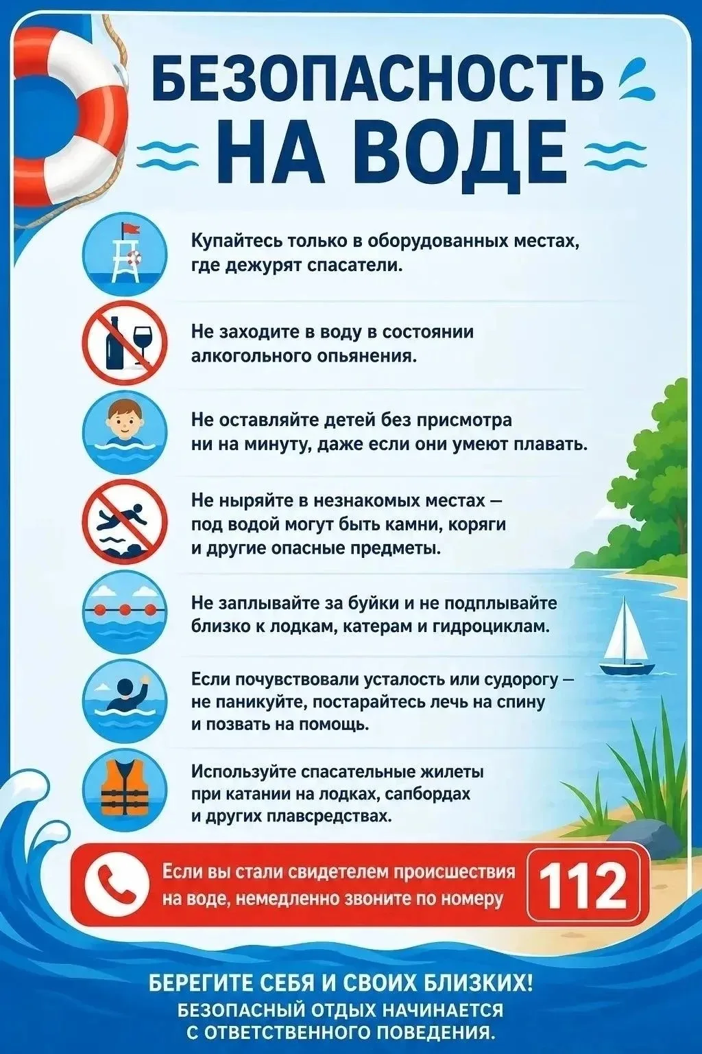 🌊 Безопасность на воде: правила, которые могут спасти жизнь 🌊 
 
Лето — время отдыха у водоёмов, н