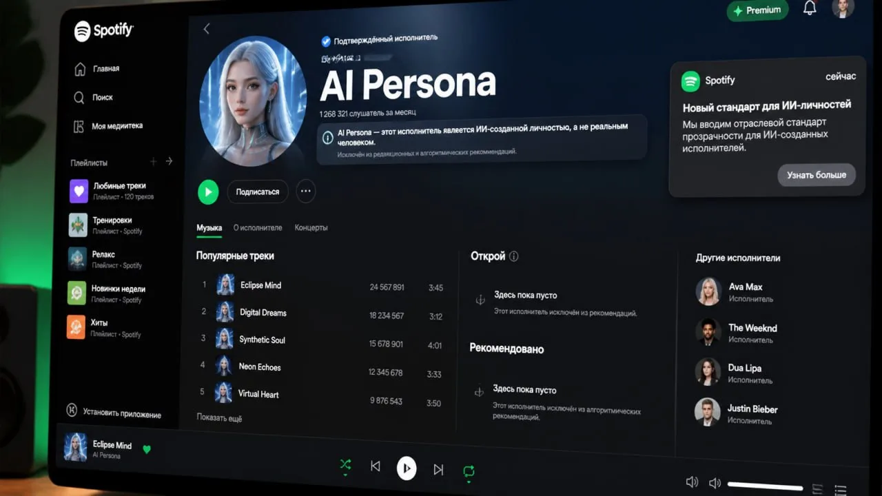 ✅ Spotify начнёт скрывать AI-артистов из рекомендаций