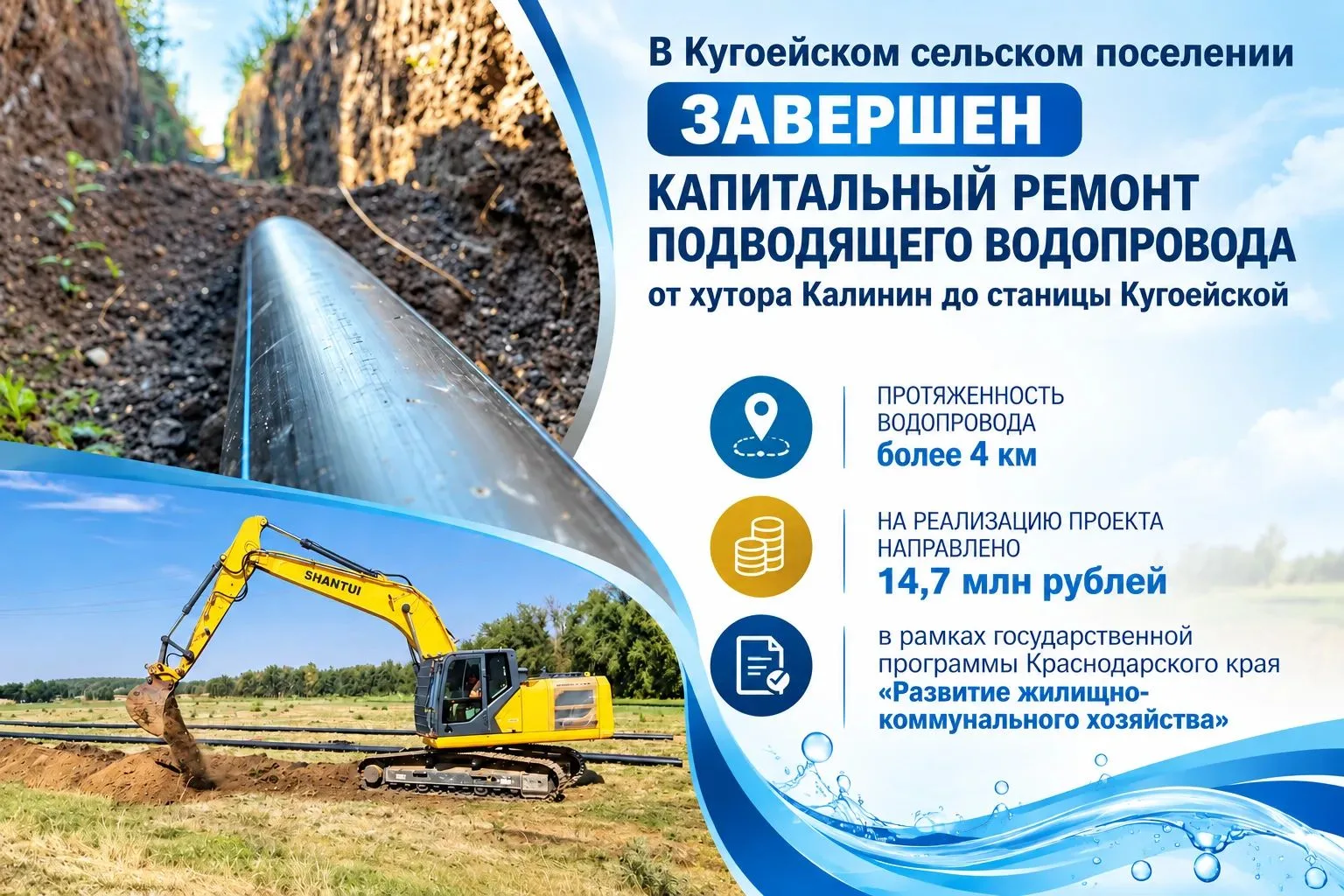 В Кугоейском сельском поселении завершен капитальный ремонт водопровода