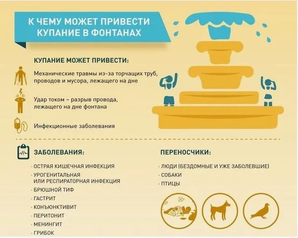 Почему нельзя купаться в фонтанах? 
❗Загрязнение воды. Фонтаны — элементы благоустройства, вода в ни