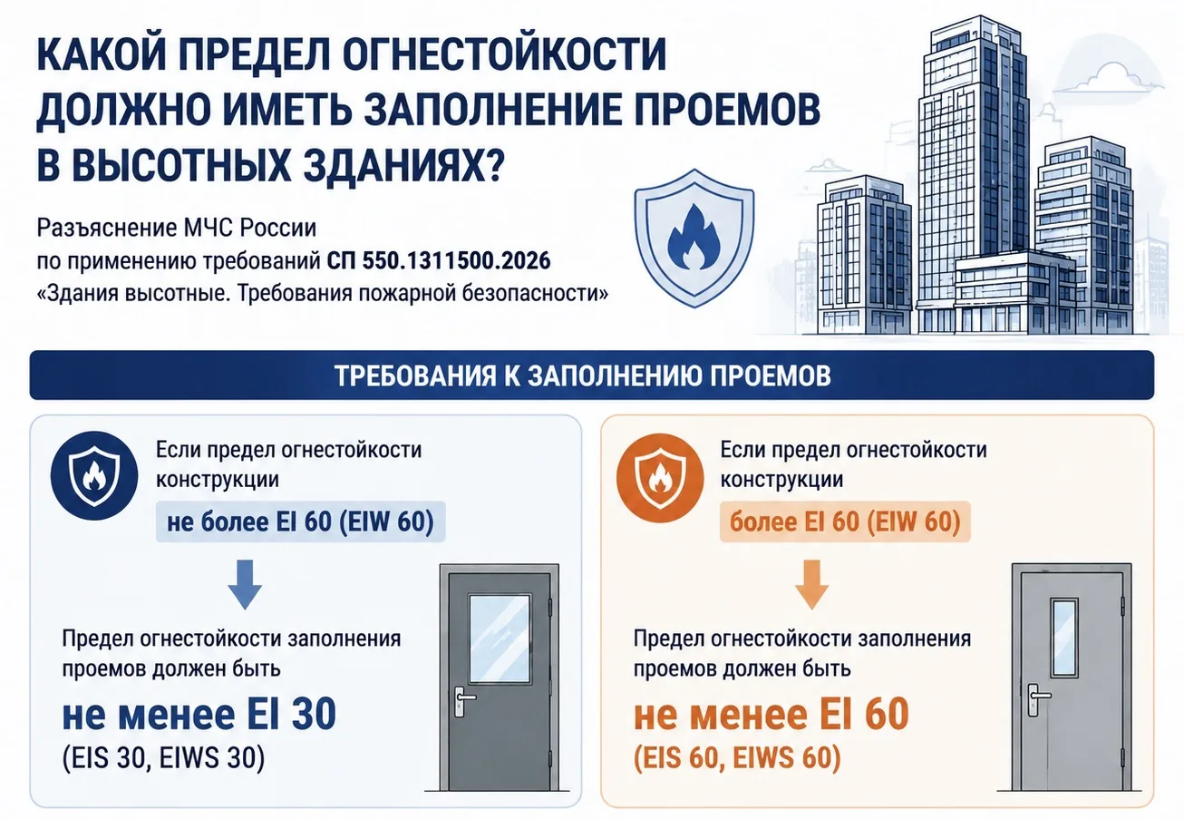 ❓Какой предел огнестойкости должно иметь заполнение проемов в высотных зданиях?

МЧС России в письме